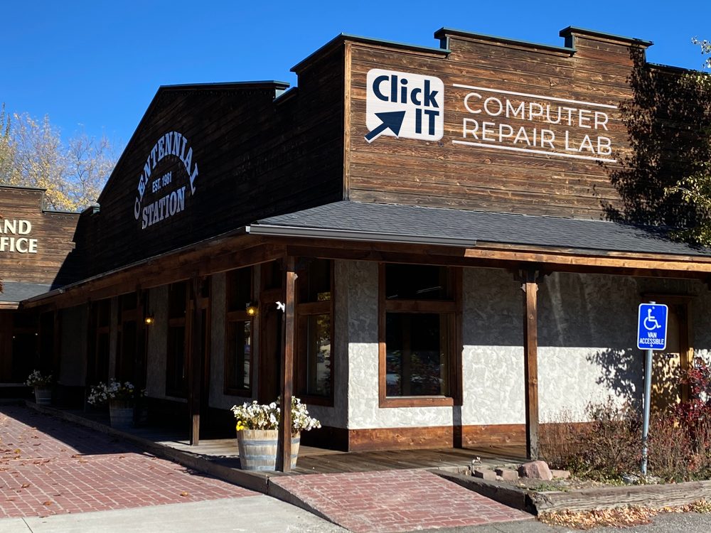 A Click IT Computer Repair Lab storefront in a historic building
